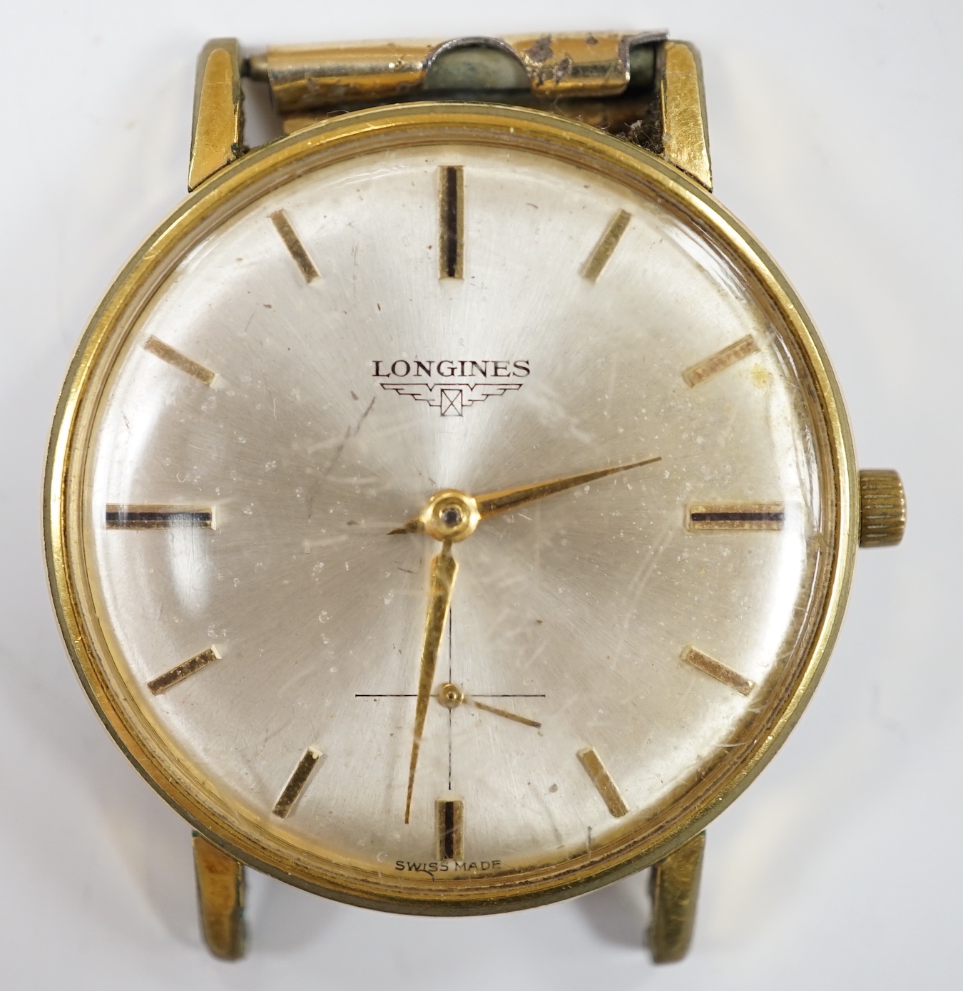 A gentleman's steel and gold plated Longines manual wind wrist watch, with subsidiary seconds, no strap, case diameter 35mm, with box.